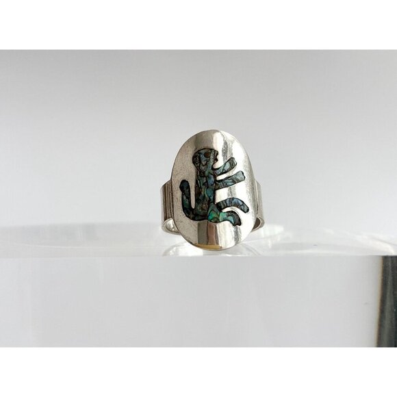 RARE Taxco Mexico Monkey Abalone Inlaid 925 Sterling Silver Vintage Ring - sz 8 - Picture 2 of 14